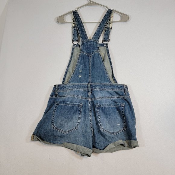 Forever 21 Womens Size 28 Denim Overall Shorts Distressed Destroyed Med … - Picture 2 of 6